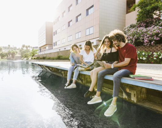 Friends studying for University near lake