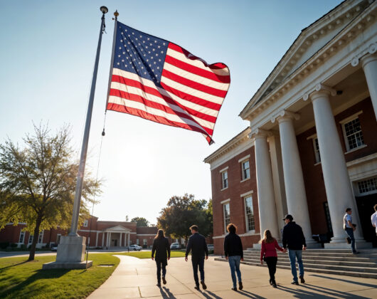 Top Engineering School in US with the US flag and students wandering