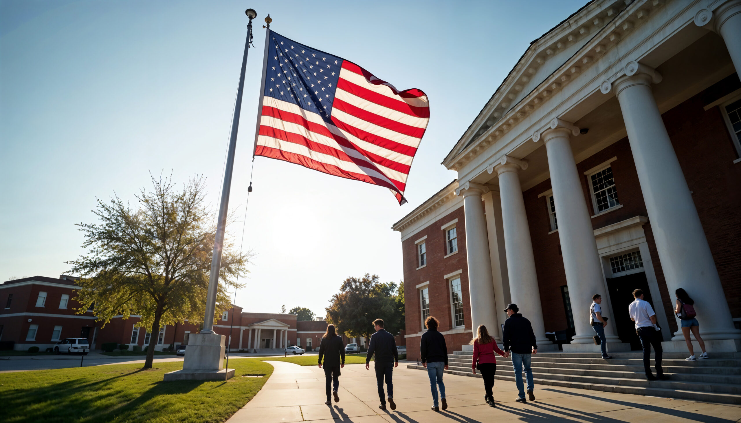 Top Engineering School in US with the US flag and students wandering