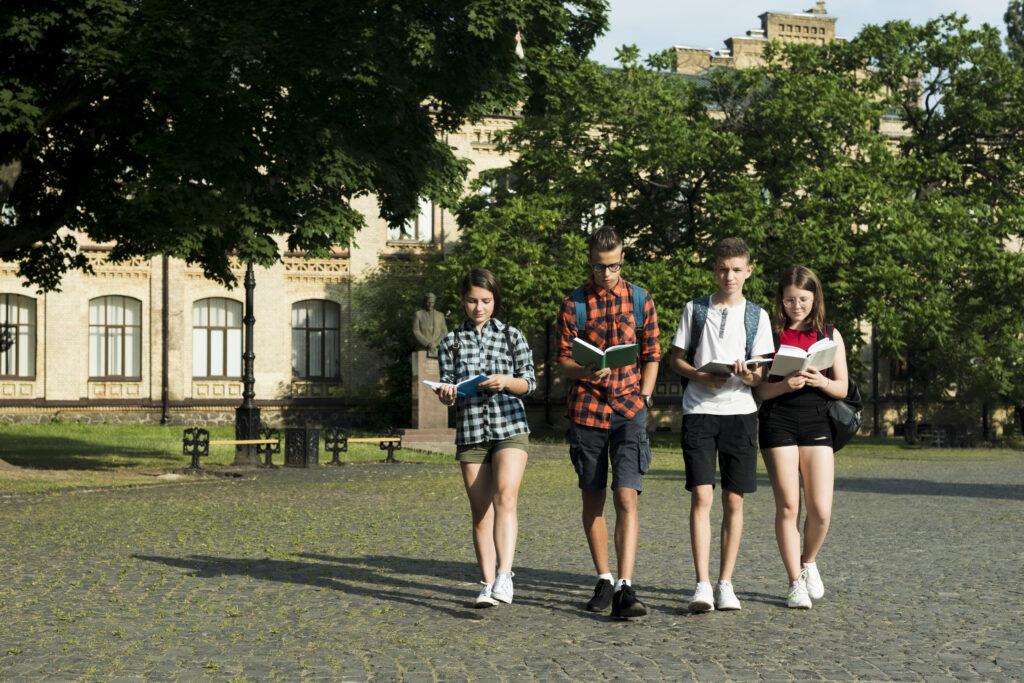 Group of students learing outside the university covering their study gap