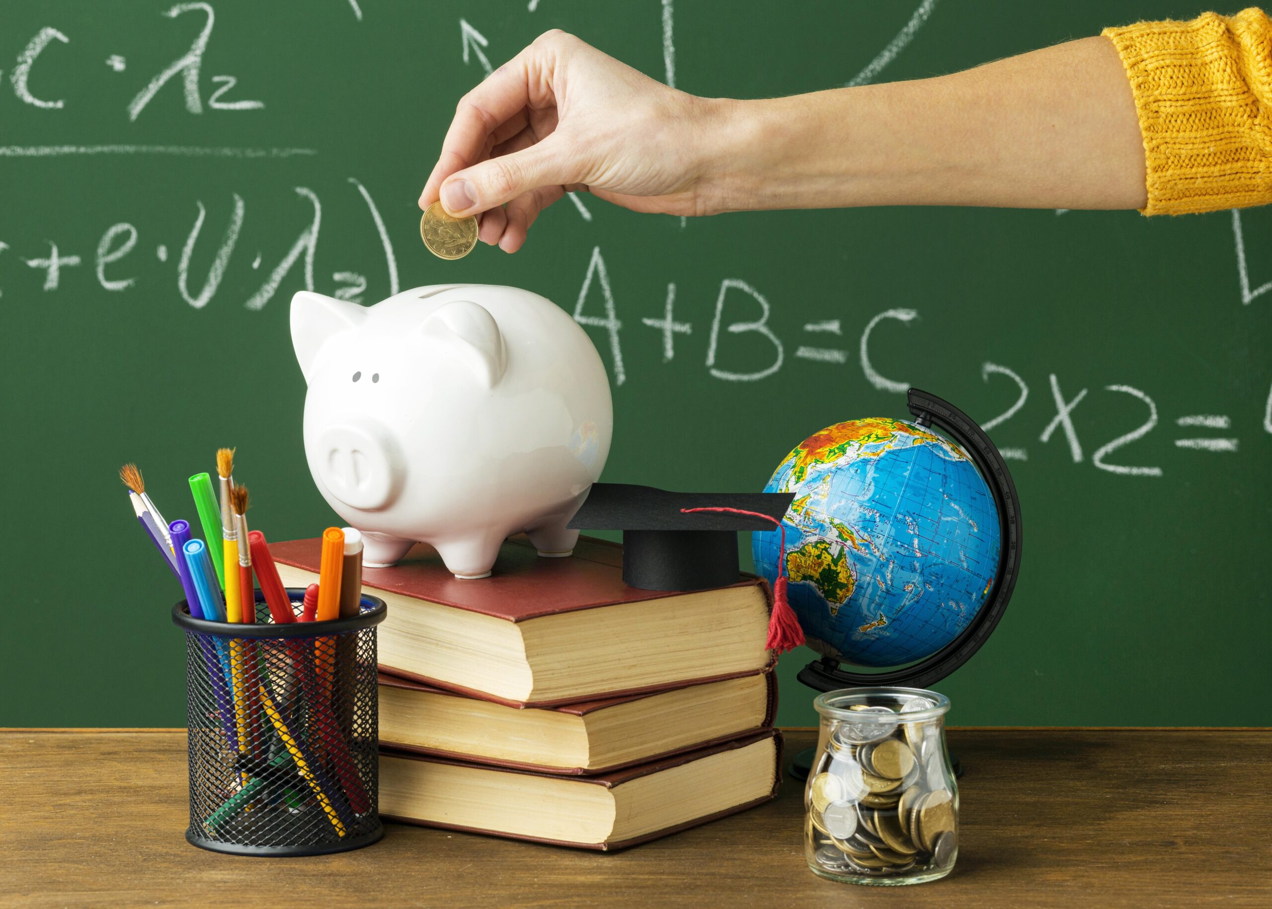 Person funding education alongside books and globe